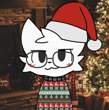 a white cat wearing a santa hat and glasses is standing in front of a fireplace and christmas tree .