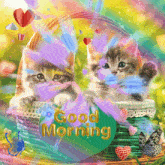 two kittens are sitting in a basket with a sign that says " good morning "