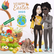 a cartoon couple standing next to a rabbit and a basket of easter eggs with the year 2025 on it