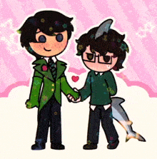a drawing of two boys holding hands with a shark tail between them