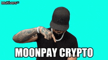 a man wearing a hat and a necklace with the words moonpay crypto below him