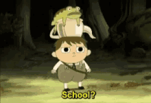 a cartoon boy with a frog on his head asking school