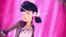 a pixel art of marinette from miraculous ladybug with a purple background
