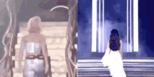 a woman in a white dress is walking down a set of stairs next to a woman in a white dress .