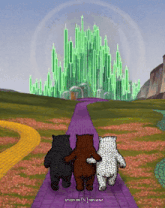 three bears are walking down a purple path in front of a wizard of oz castle