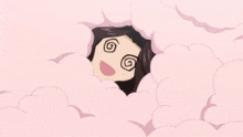 a cartoon character with a swirl around her eyes is laying in a pile of pink clouds