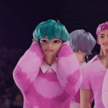 a girl with green hair is wearing a pink sweater