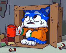 a cartoon cat is sitting in a cardboard box holding a cup