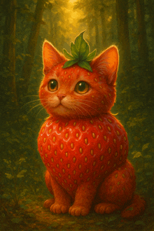 a cat with a strawberry on its head