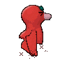 a pixel art drawing of a red monster with a green eye and wings .