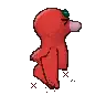a pixel art drawing of a red monster with a green eye and wings .