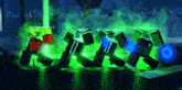 a group of roblox characters are standing in a dark room with a green light coming from the top