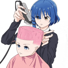 a person with blue hair is getting their hair cut by a woman with pink hair