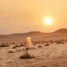 a girl in a pink shirt stands in a desert at sunset