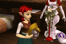 a cartoon girl with red hair is holding a gold object in her hands