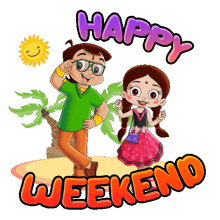 a cartoon of a boy and a girl with the words happy weekend