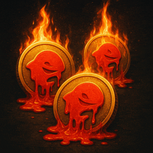three melting coins with skulls on them are surrounded by flames