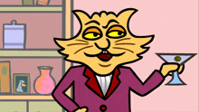 a cartoon cat is holding a martini glass in his hand