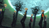 a group of anime characters are standing in front of a glowing moon