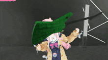 a girl with pink hair is holding a green object that says i love you