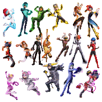 a bunch of cartoon characters on a white background including ladybug