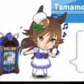 a cartoon girl in a purple dress is standing next to a blue jukebox .