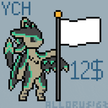 a pixel art drawing of a cat holding a flag with the price of 12 dollars