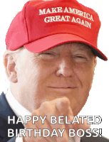 donald trump wearing a red hat that says " make america great again "