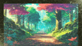 a painting of a path through a forest with the word flexclip on the bottom