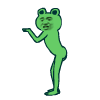 a green frog is standing on its hind legs and holding something in its hand .