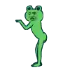 a green frog is standing on its hind legs and holding something in its hand .