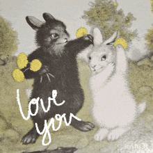 a couple of rabbits standing next to each other with the words " love you " written on the bottom