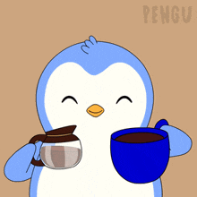 a penguin is holding a cup of coffee and a coffee pot