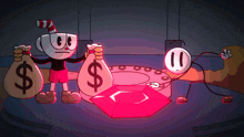 a cartoon of cuphead and stick figure holding money bags