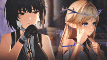 two anime girls are standing next to each other with one wearing a crown