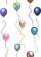 a bunch of balloons with ribbons hanging from them on a white background