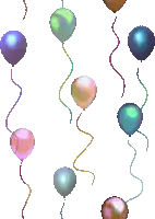 a bunch of balloons with ribbons hanging from them on a white background