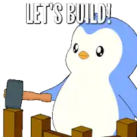 a penguin is holding a hammer and says let 's build !