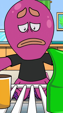 a cartoon character with a sad face is standing in front of a fridge