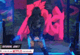 a woman is dancing in front of a screen that says saturday june 7 on it