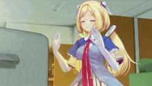 a girl with blonde hair and white gloves stands in front of a television with her eyes closed