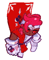 a cartoon character with pink hair and red eyes is holding a red banner