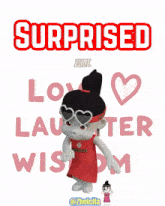 a cartoon girl is standing in front of the words surprised