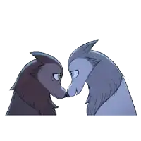 two cartoon wolves looking at each other with their eyes closed