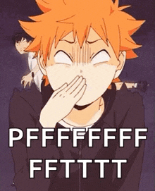 a boy with orange hair is covering his mouth with his hand and making a funny face .