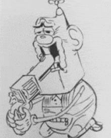 a black and white drawing of a cartoon character holding a box in his hands .