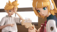 a boy and a girl are standing next to each other and the girl is wearing headphones