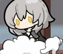 a cartoon drawing of a girl with grey hair and yellow eyes