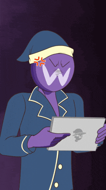 a cartoon character with a w on his face holding a tablet