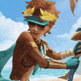 a cartoon character wearing a blue hat and sunglasses is standing on a beach